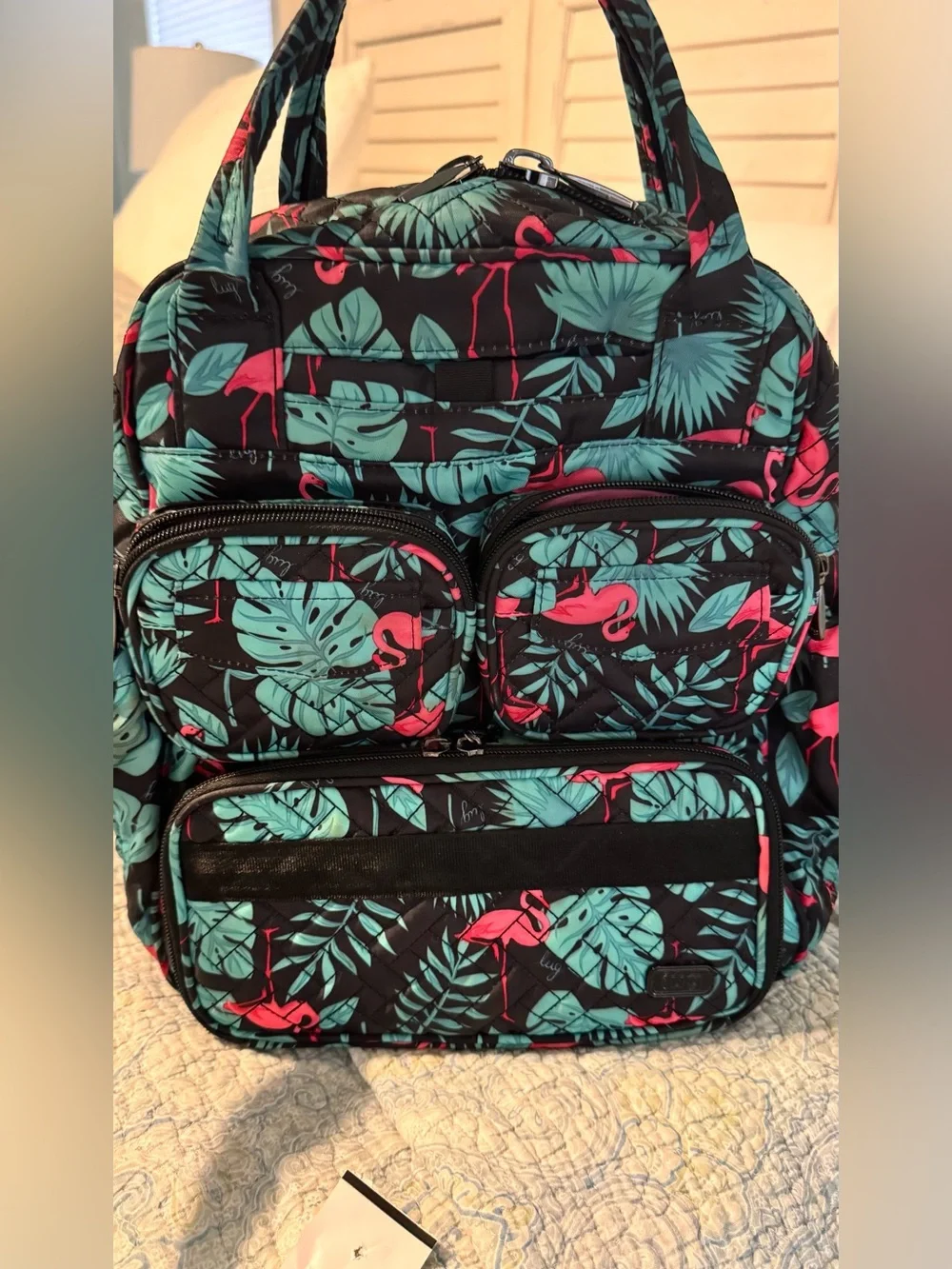 Lug Mini Puddle Jumper Flamingo Black Tropical Travel Tote Bag Discontinued